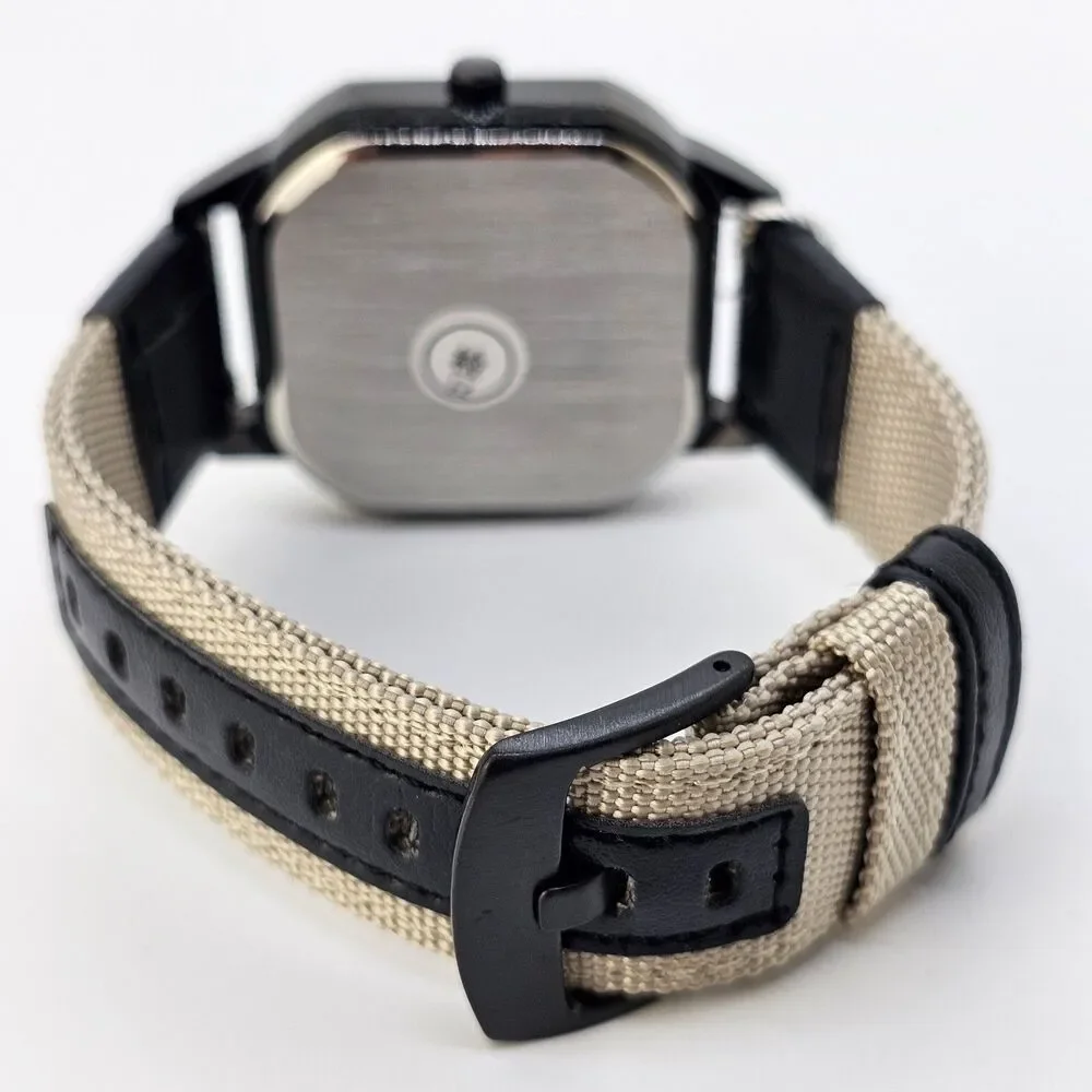 Men's Watch 42MM Black Case Black Dial Date‎ Black Tan Canvas Band Straps